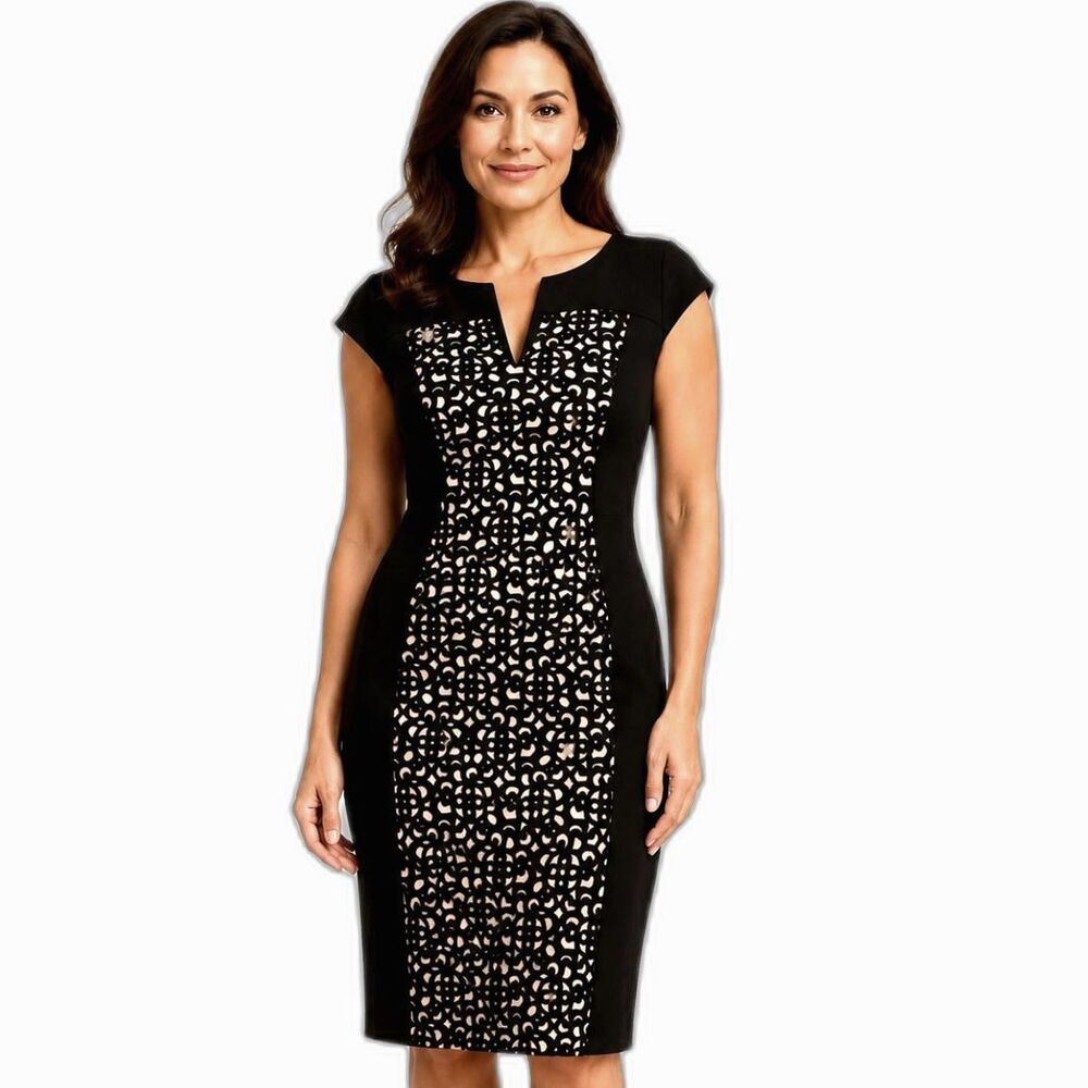Connected Apparel Cap Sleeve Lace Panel Sheath Dress Size 16 Stretch
